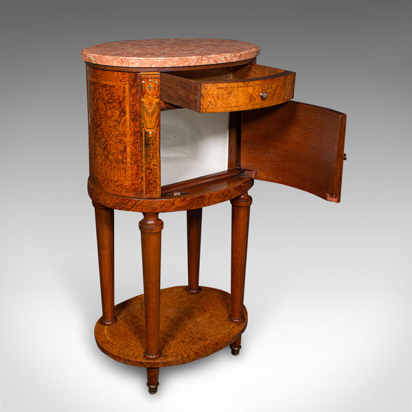 Antique Oval Bedside Cabinet, French, Amboyna, Marble, Bathroom, Victorian, 1870
