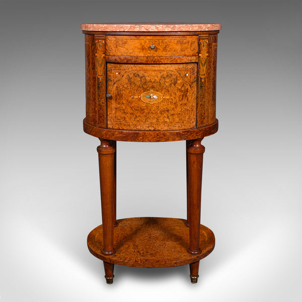 Antique Oval Bedside Cabinet, French, Amboyna, Marble, Bathroom, Victorian, 1870