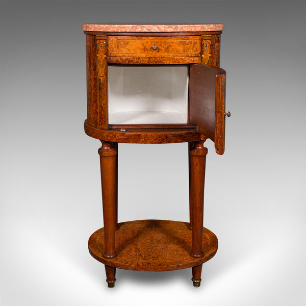 Antique Oval Bedside Cabinet, French, Amboyna, Marble, Bathroom, Victorian, 1870