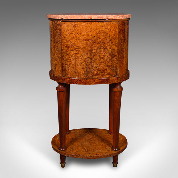 Antique Oval Bedside Cabinet, French, Amboyna, Marble, Bathroom, Victorian, 1870