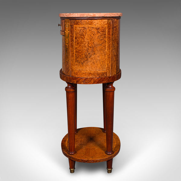 Antique Oval Bedside Cabinet, French, Amboyna, Marble, Bathroom, Victorian, 1870