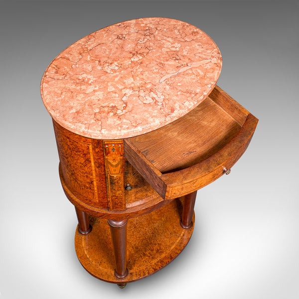 Antique Oval Bedside Cabinet, French, Amboyna, Marble, Bathroom, Victorian, 1870