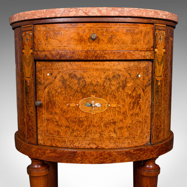 Antique Oval Bedside Cabinet, French, Amboyna, Marble, Bathroom, Victorian, 1870