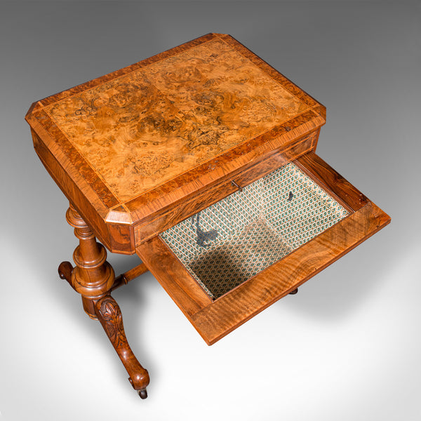 Antique Sewing Table, English, Burr Walnut, Ladies Work Box, Victorian, C.1840