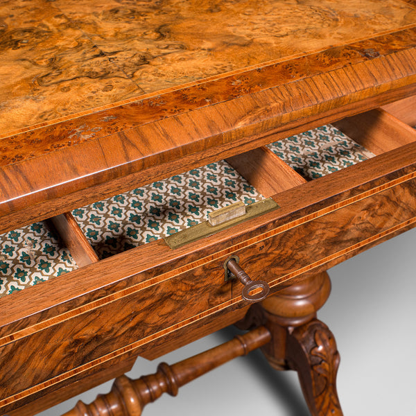 Antique Sewing Table, English, Burr Walnut, Ladies Work Box, Victorian, C.1840