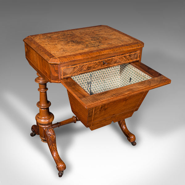 Antique Sewing Table, English, Burr Walnut, Ladies Work Box, Victorian, C.1840