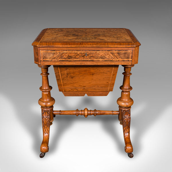 Antique Sewing Table, English, Burr Walnut, Ladies Work Box, Victorian, C.1840