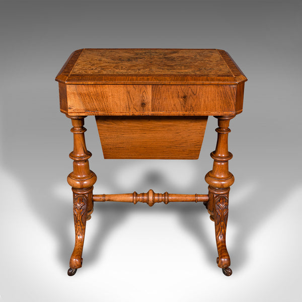 Antique Sewing Table, English, Burr Walnut, Ladies Work Box, Victorian, C.1840