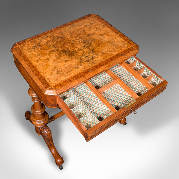 Antique Sewing Table, English, Burr Walnut, Ladies Work Box, Victorian, C.1840