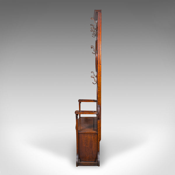 Tall Antique Seated Coat Stand, English, Oak, Hall Rack, Valet Mirror, Edwardian