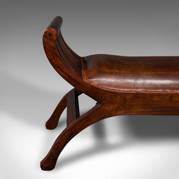 Vintage Regency Revival Window Bench, English, Leather Duet Stool, Bedroom Seat