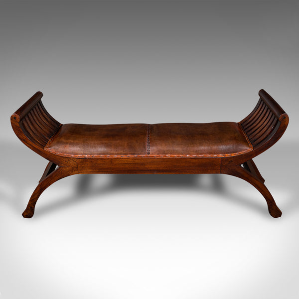 Vintage Regency Revival Window Bench, English, Leather Duet Stool, Bedroom Seat