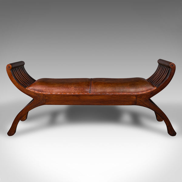 Vintage Regency Revival Window Bench, English, Leather Duet Stool, Bedroom Seat