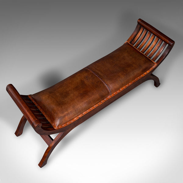 Vintage Regency Revival Window Bench, English, Leather Duet Stool, Bedroom Seat