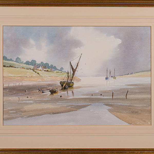 Large Vintage Coastal Painting, Welsh, Framed Watercolour, Landscape, Signed Art