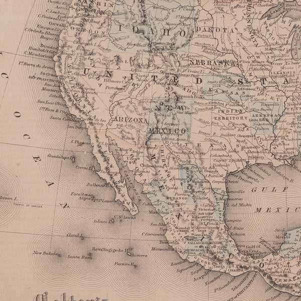 Antique North America Map, USA, Canada, Mexico, Cartography, Colton, Victorian