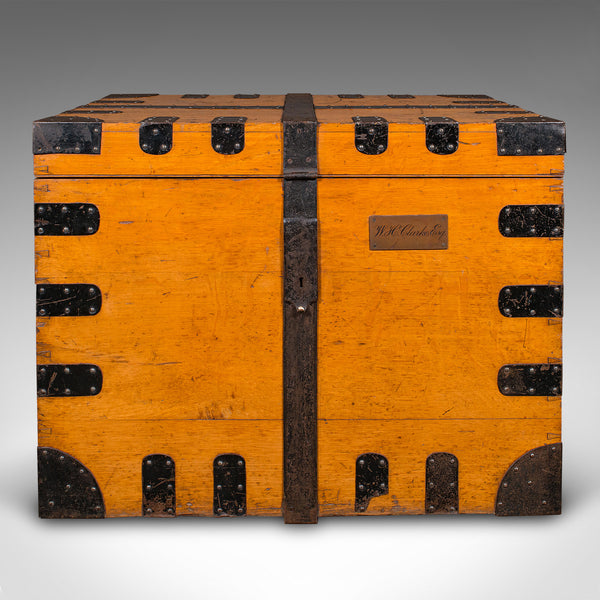 Large Antique Storage Trunk, English, Oak, Iron Bound, Silver Chest, Victorian