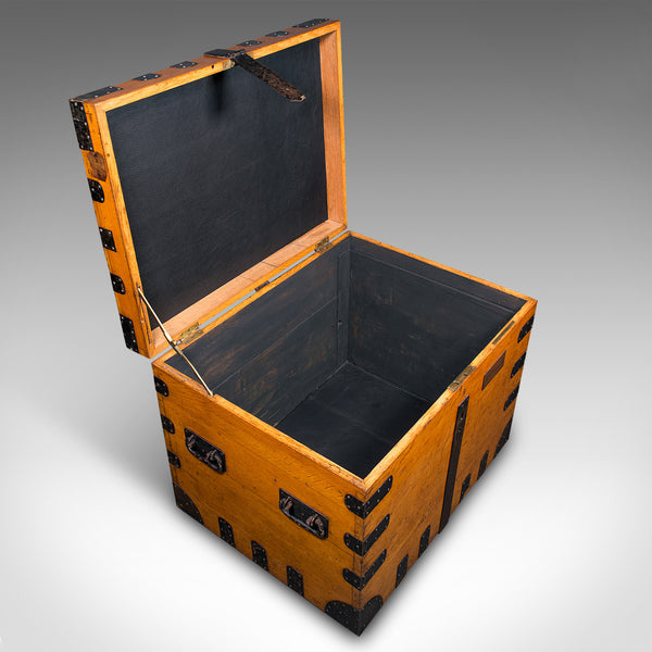 Large Antique Storage Trunk, English, Oak, Iron Bound, Silver Chest, Victorian