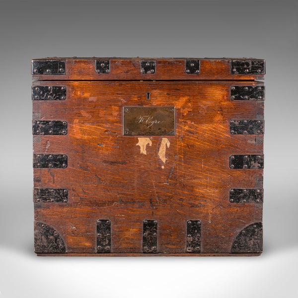 Antique Fitted Silver Chest, English, Oak, Iron Bound, Shipping Trunk, Victorian