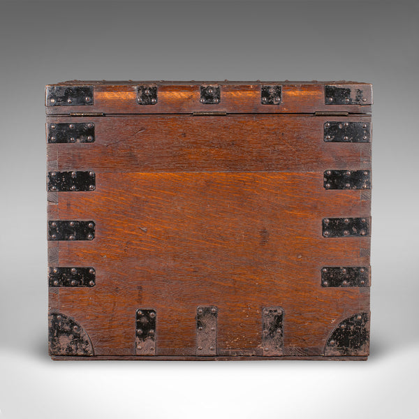 Antique Fitted Silver Chest, English, Oak, Iron Bound, Shipping Trunk, Victorian