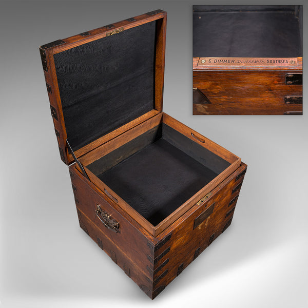 Antique Fitted Silver Chest, English, Oak, Iron Bound, Shipping Trunk, Victorian
