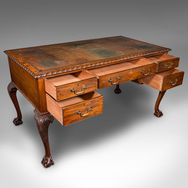 Antique Clerk's Desk, English, Leather, Partner, Home Office, Edwardian, C.1910