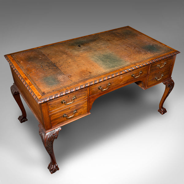 Antique Clerk's Desk, English, Leather, Partner, Home Office, Edwardian, C.1910