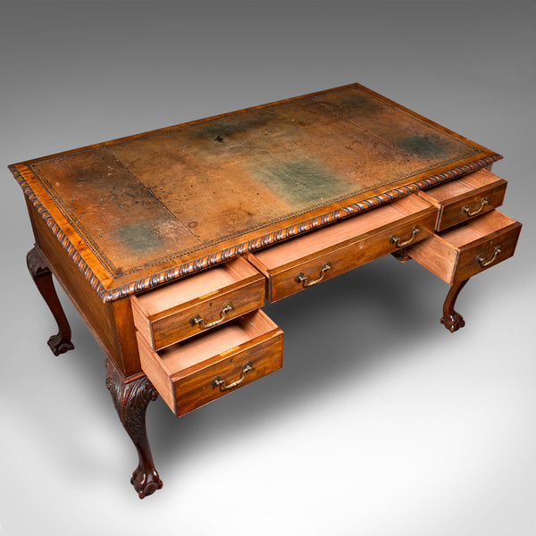 Antique Clerk's Desk, English, Leather, Partner, Home Office, Edwardian, C.1910