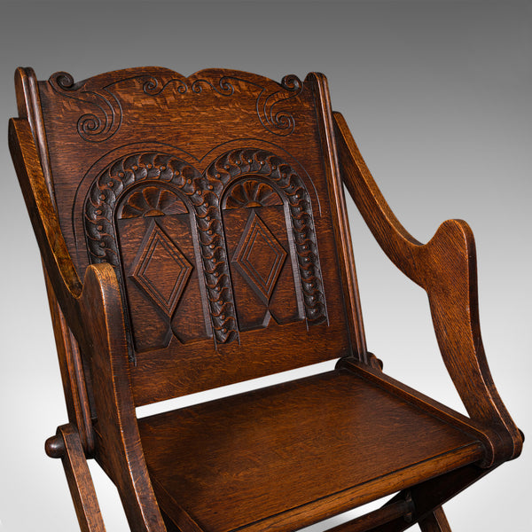 Antique Glastonbury Chair, Welsh Oak, Gothic Revival Elbow Seat, Victorian, 1880