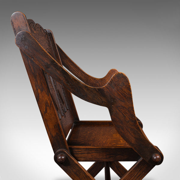 Antique Glastonbury Chair, Welsh Oak, Gothic Revival Elbow Seat, Victorian, 1880