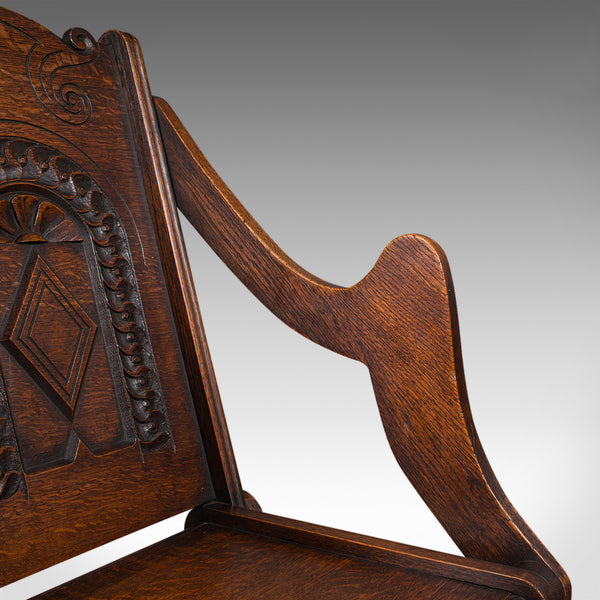 Antique Glastonbury Chair, Welsh Oak, Gothic Revival Elbow Seat, Victorian, 1880