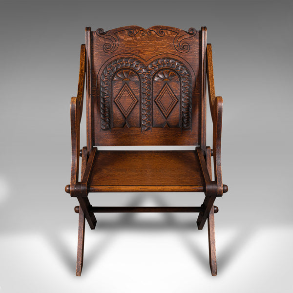 Antique Glastonbury Chair, Welsh Oak, Gothic Revival Elbow Seat, Victorian, 1880