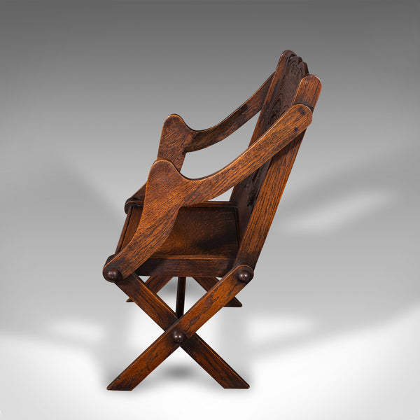 Antique Glastonbury Chair, Welsh Oak, Gothic Revival Elbow Seat, Victorian, 1880