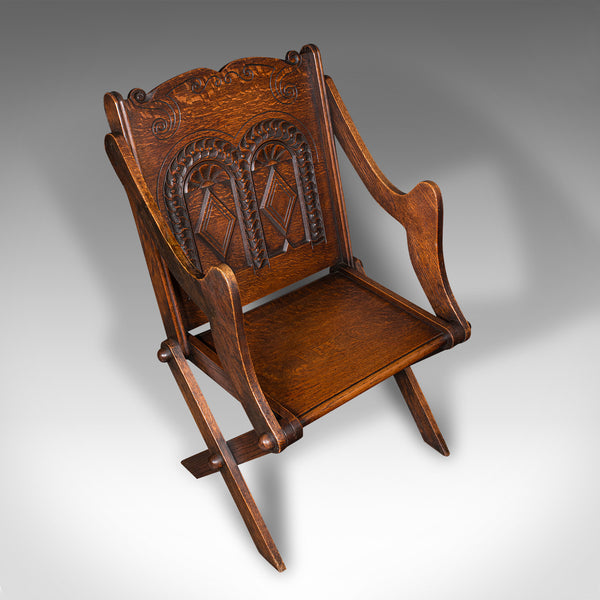 Antique Glastonbury Chair, Welsh Oak, Gothic Revival Elbow Seat, Victorian, 1880
