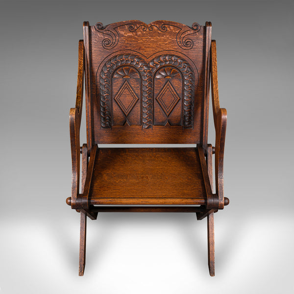 Antique Glastonbury Chair, Welsh Oak, Gothic Revival Elbow Seat, Victorian, 1880