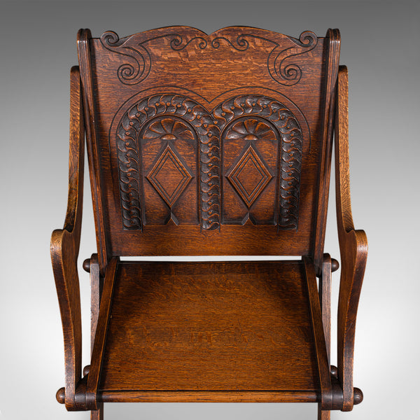 Antique Glastonbury Chair, Welsh Oak, Gothic Revival Elbow Seat, Victorian, 1880