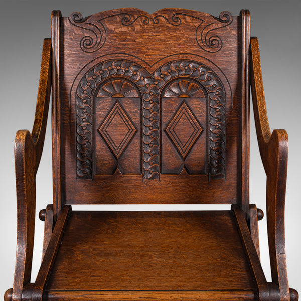 Antique Glastonbury Chair, Welsh Oak, Gothic Revival Elbow Seat, Victorian, 1880