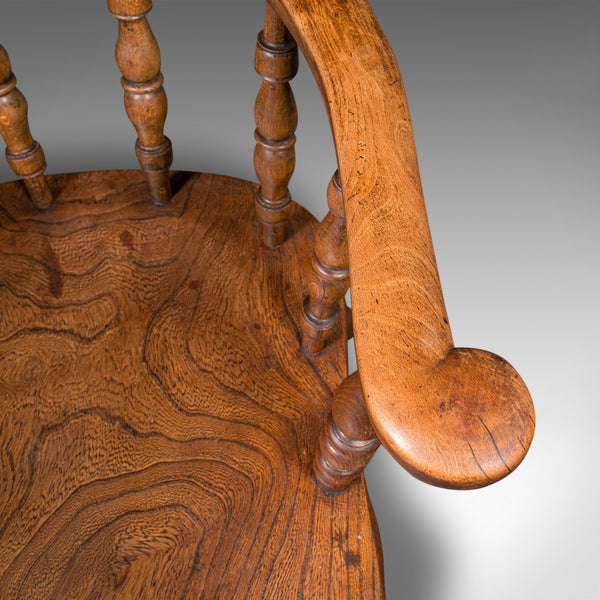 Antique Captain's Chair, English Elm, Beech, Smoker's Bow, Elbow Seat, Victorian