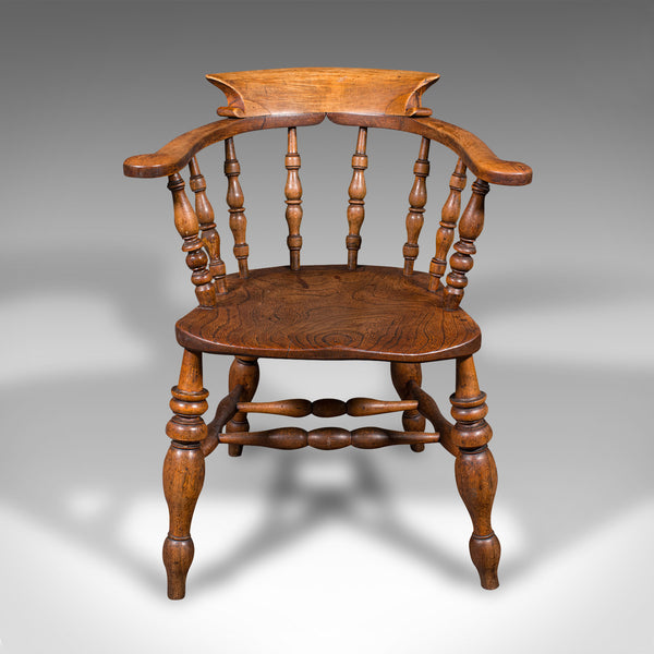 Antique Captain's Chair, English Elm, Beech, Smoker's Bow, Elbow Seat, Victorian