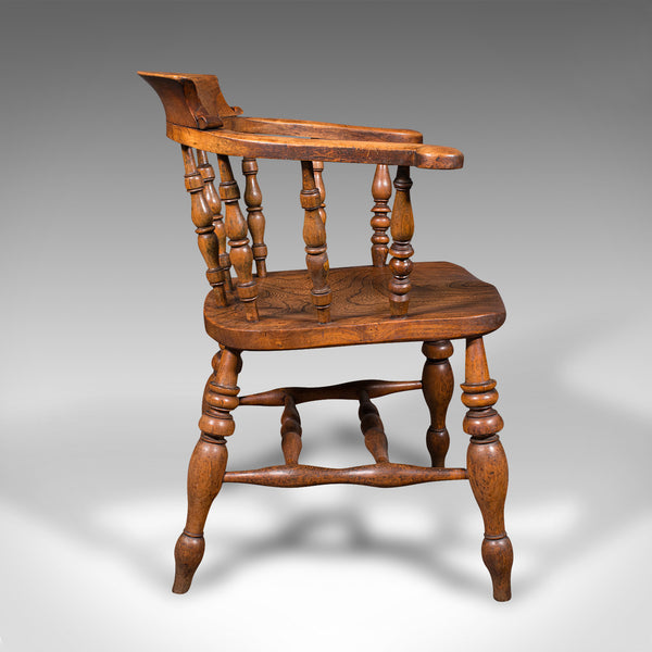 Antique Captain's Chair, English Elm, Beech, Smoker's Bow, Elbow Seat, Victorian