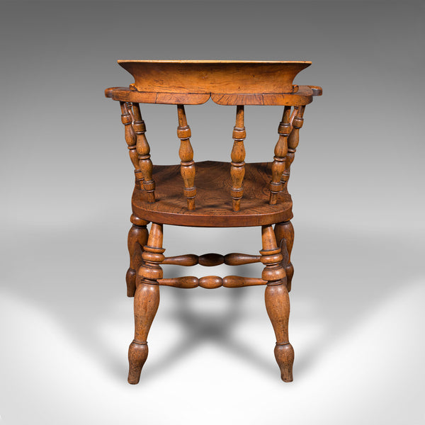 Antique Captain's Chair, English Elm, Beech, Smoker's Bow, Elbow Seat, Victorian