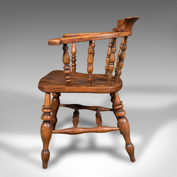 Antique Captain's Chair, English Elm, Beech, Smoker's Bow, Elbow Seat, Victorian