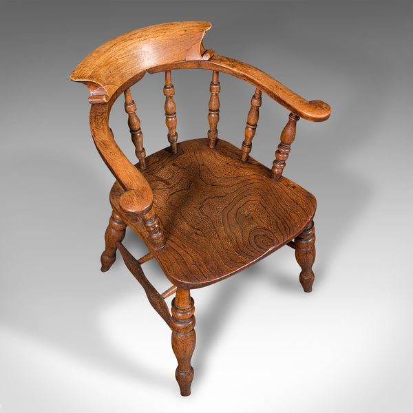 Antique Captain's Chair, English Elm, Beech, Smoker's Bow, Elbow Seat, Victorian