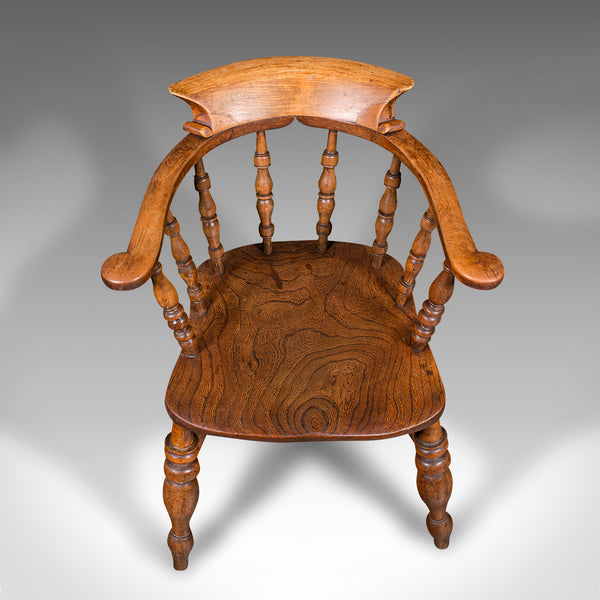 Antique Captain's Chair, English Elm, Beech, Smoker's Bow, Elbow Seat, Victorian