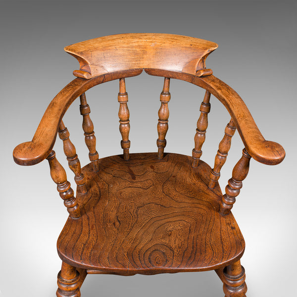 Antique Captain's Chair, English Elm, Beech, Smoker's Bow, Elbow Seat, Victorian