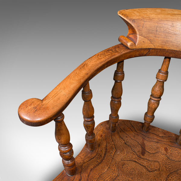 Antique Captain's Chair, English Elm, Beech, Smoker's Bow, Elbow Seat, Victorian