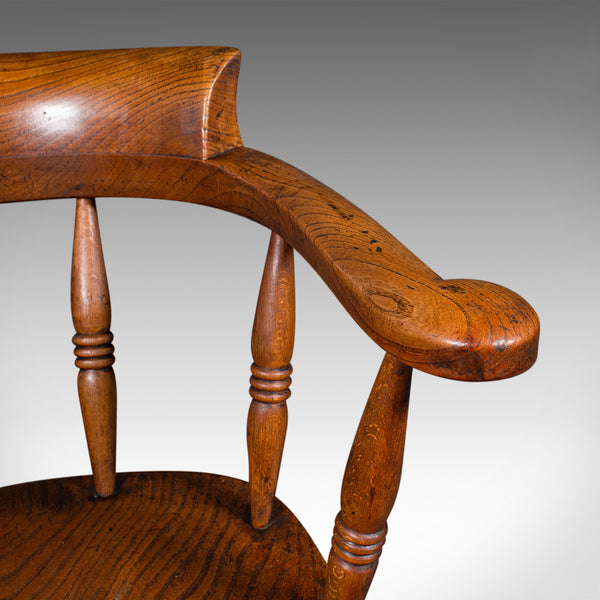 Antique Captain's Desk Chair, English, Elm, Smoker's Bow, Elbow Seat, Victorian