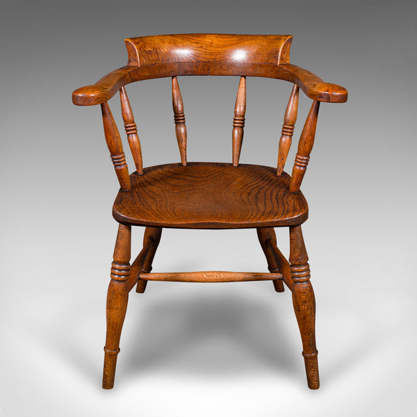 Antique Captain's Desk Chair, English, Elm, Smoker's Bow, Elbow Seat, Victorian