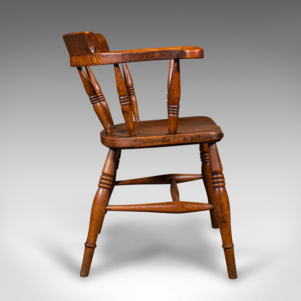 Antique Captain's Desk Chair, English, Elm, Smoker's Bow, Elbow Seat, Victorian
