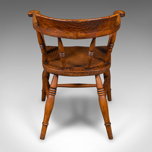Antique Captain's Desk Chair, English, Elm, Smoker's Bow, Elbow Seat, Victorian